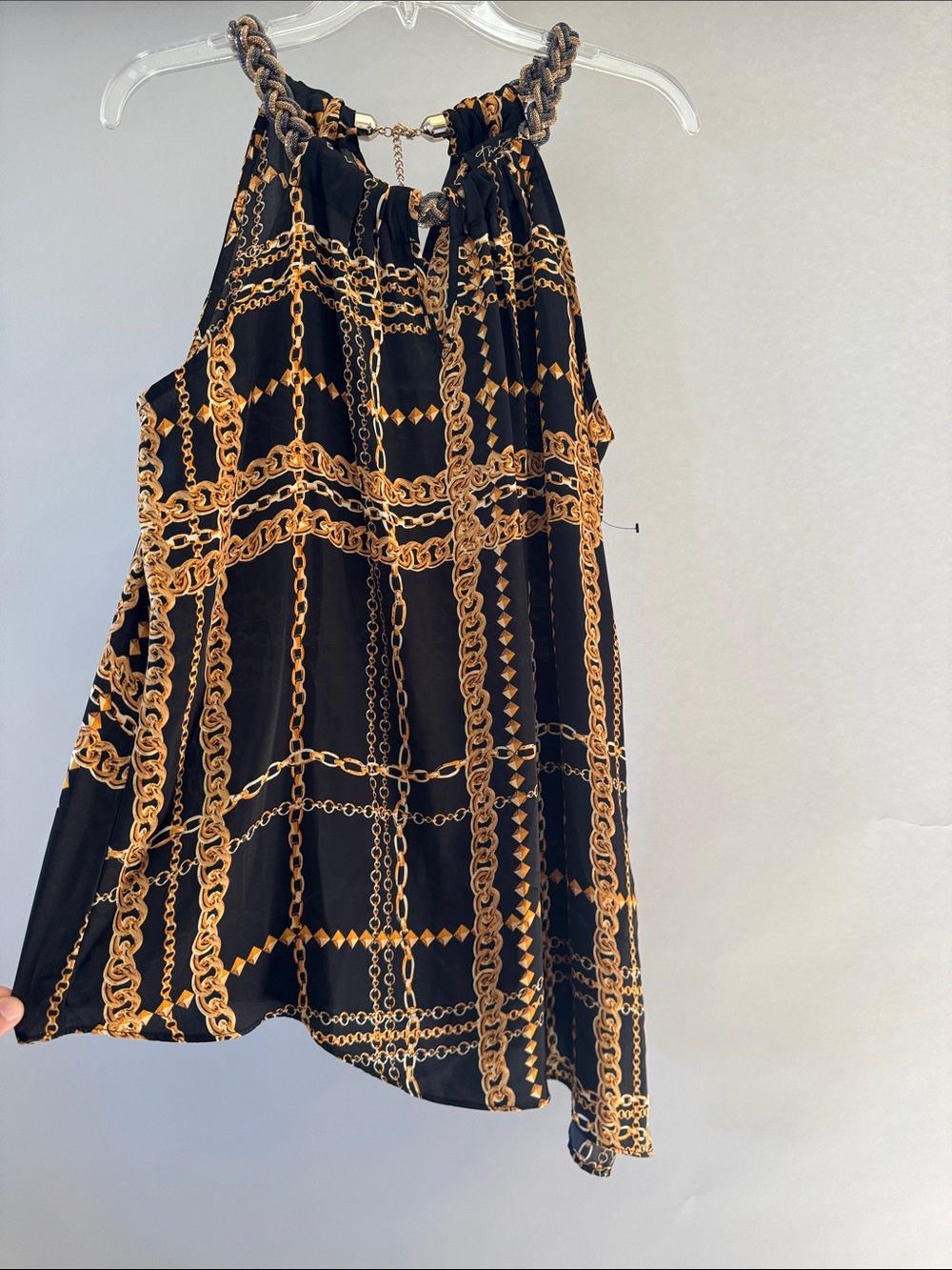 Thalia Sodi Assymetrical Black and Gold Chain Print Halter Blouse with Chain Top